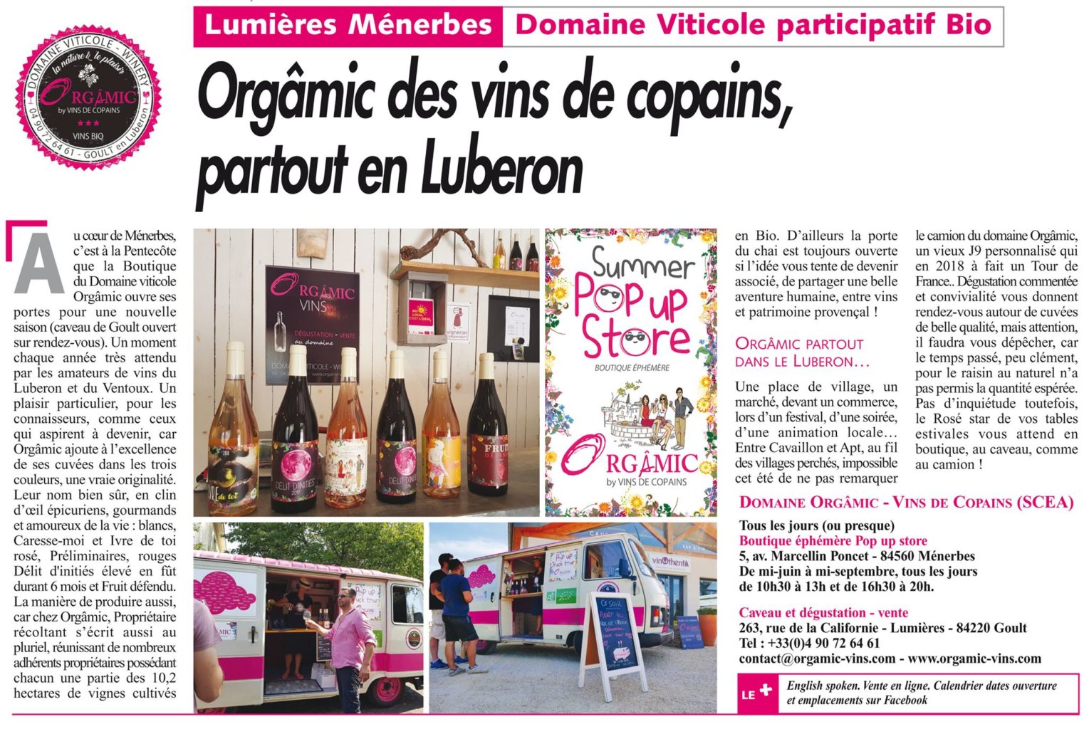 Mai / Juin 2019 : Journal du Luberon et La Provence au pop-up store Orgasmic de Ménerbes 5 vins de copains